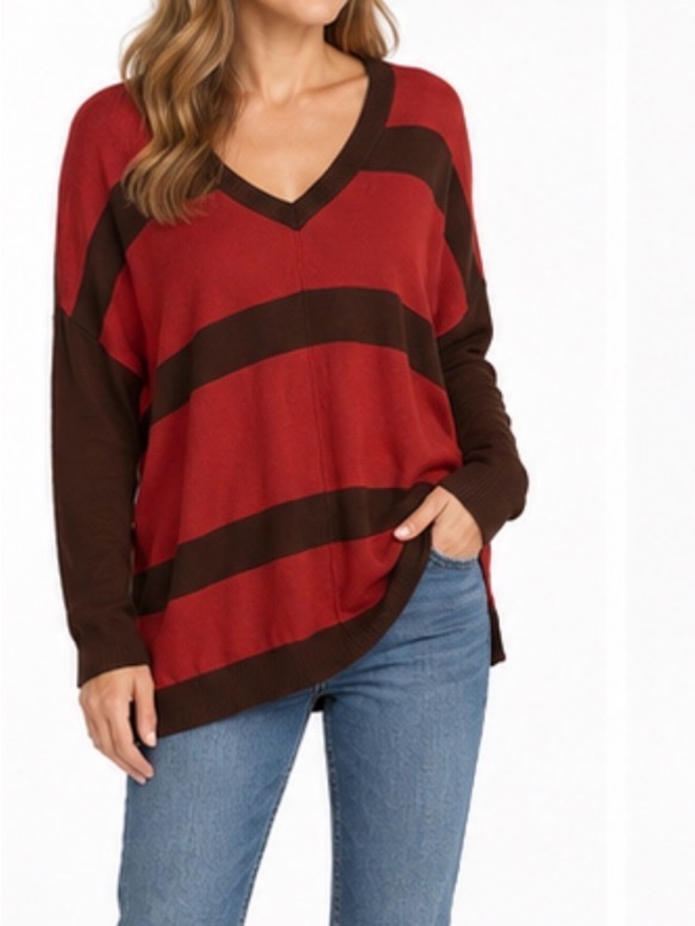 august silk Red and Brown Striped V-Neck Sweater